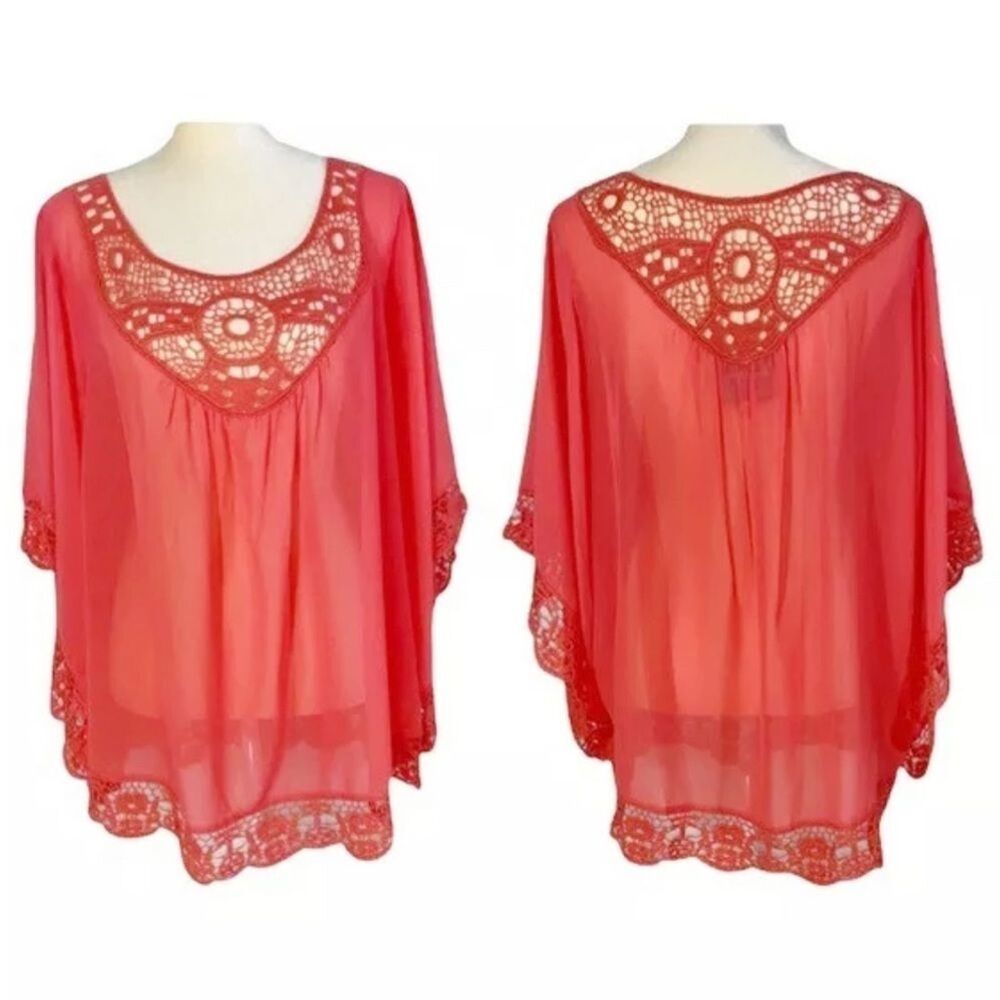Women’s Blouse Top Sheers With Lace Tunic Size L Coral color Romeo & Juliet - Picture 4 of 13